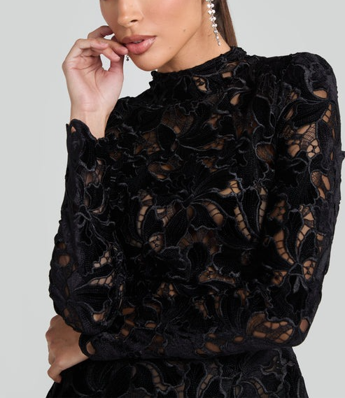High Scoop Neck Velvet Lace Embroidered Mini Dress