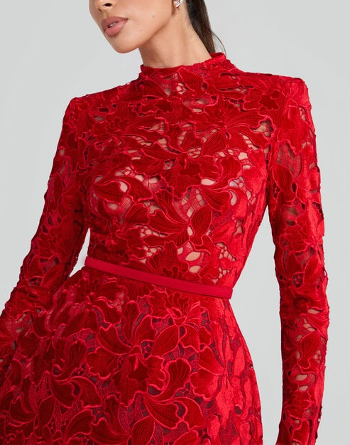 High Scoop Neck Velvet Lace Embroidered Mini Dress