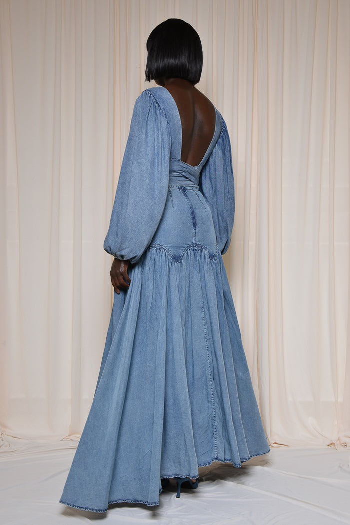 Puff-sleeved Open-back Denim Suit