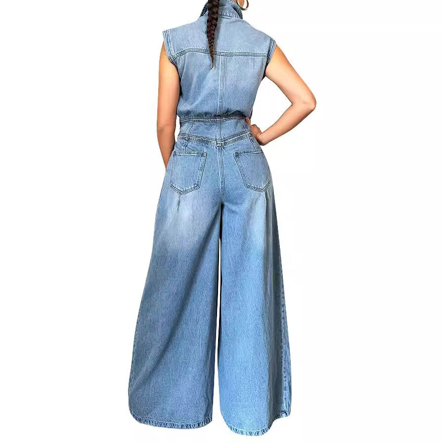 Casual Washed Sleeveless Denim Wide-leg Jumpsuit