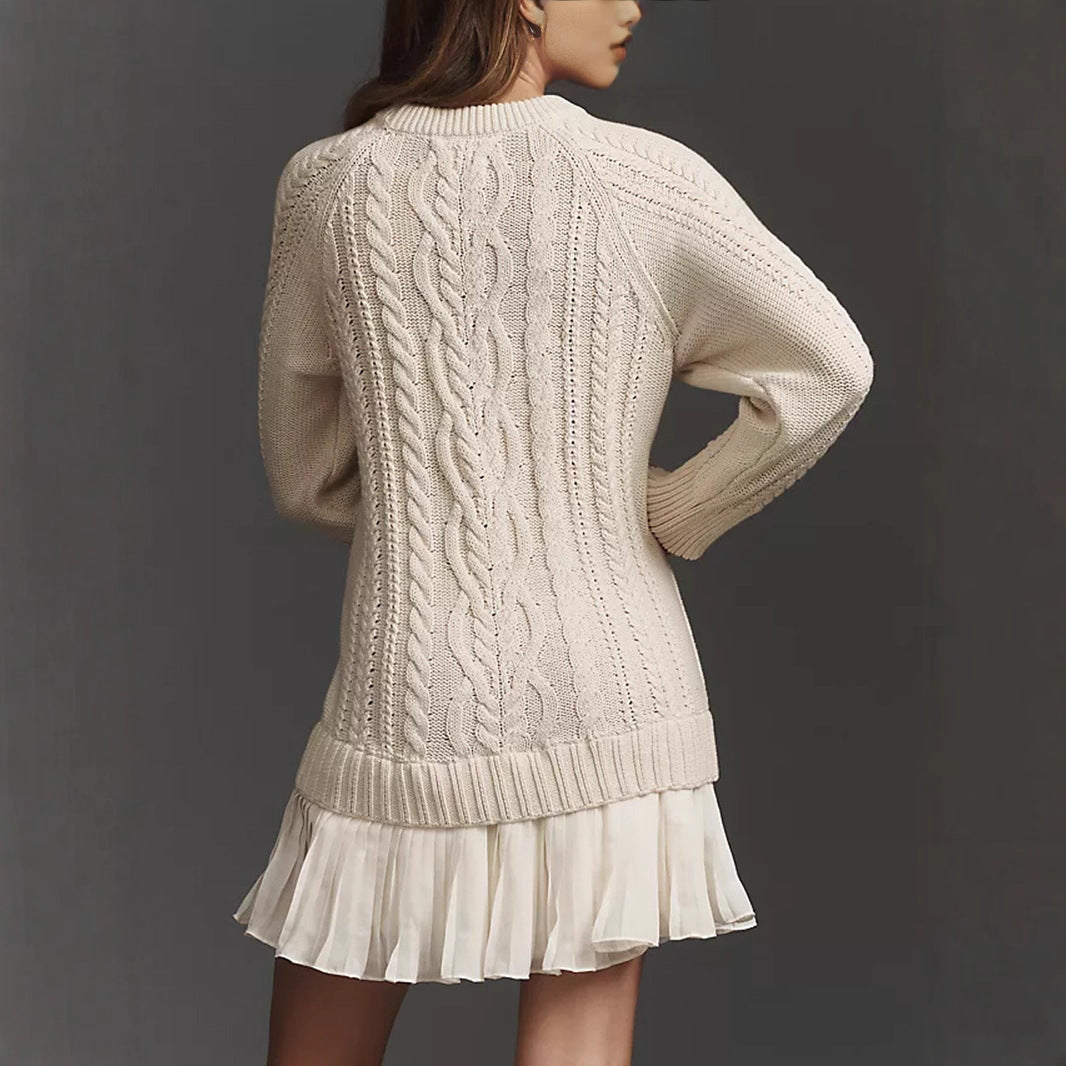 Women Crewneck Cable Knit Sweater Mini Dress