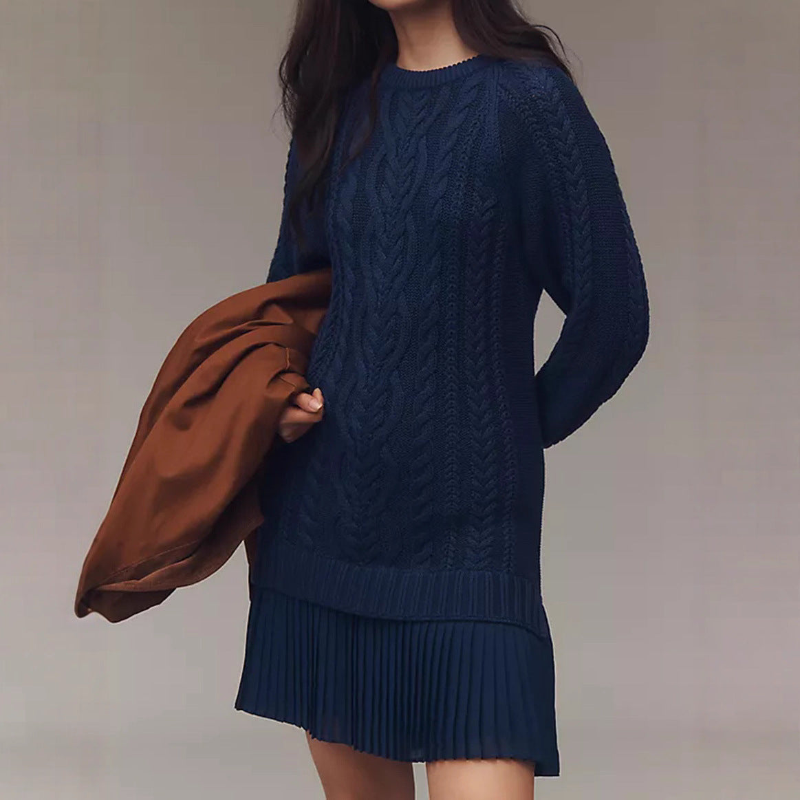 Women Crewneck Cable Knit Sweater Mini Dress