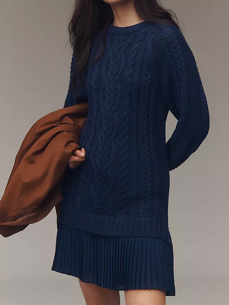 Women Crewneck Cable Knit Sweater Mini Dress