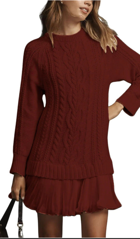 Women Crewneck Cable Knit Sweater Mini Dress