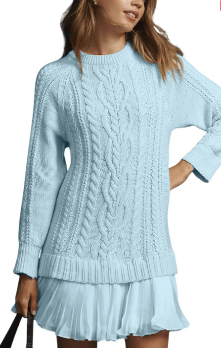 Women Crewneck Cable Knit Sweater Mini Dress