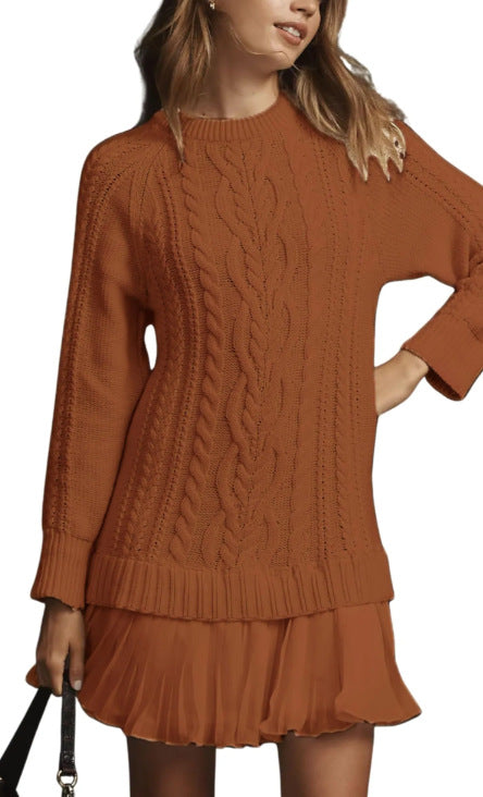 Women Crewneck Cable Knit Sweater Mini Dress