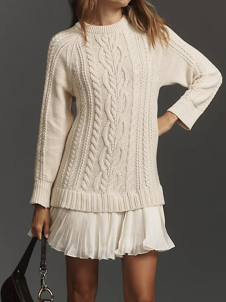 Women Crewneck Cable Knit Sweater Mini Dress