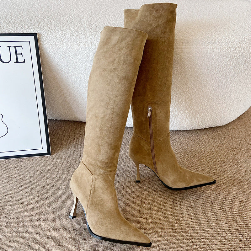 Suede Pointed Toe Stiletto High Heel Pleated Boots