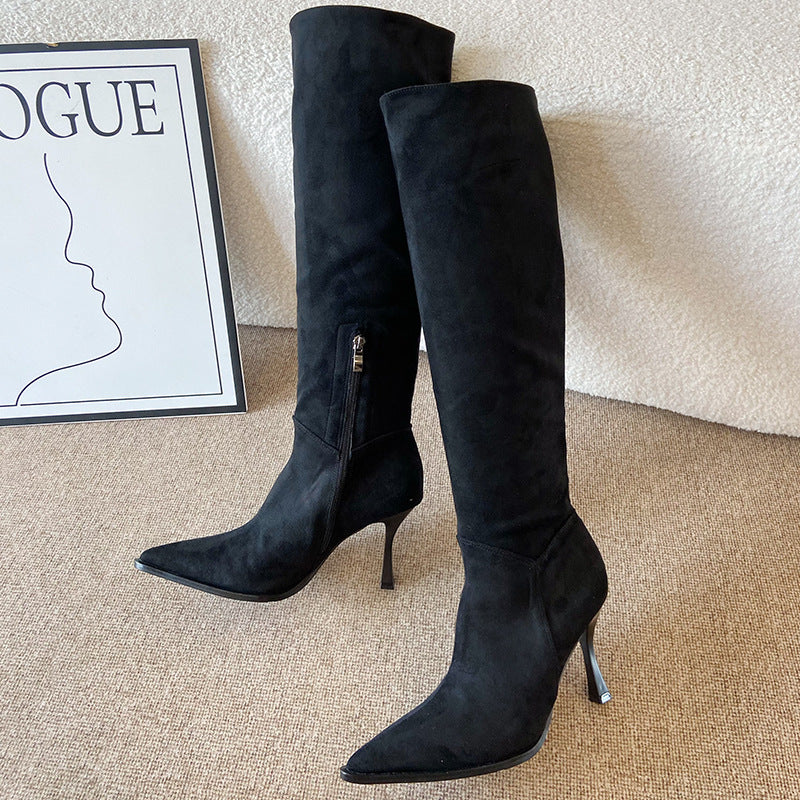 Suede Pointed Toe Stiletto High Heel Pleated Boots