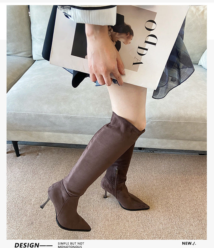 Suede Pointed Toe Stiletto High Heel Pleated Boots