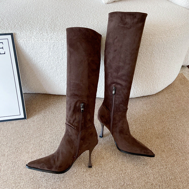 Suede Pointed Toe Stiletto High Heel Pleated Boots