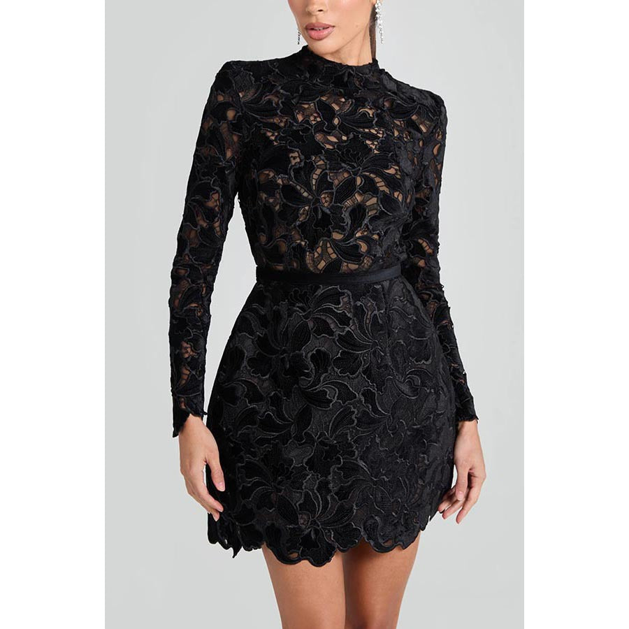 High Scoop Neck Velvet Lace Embroidered Mini Dress