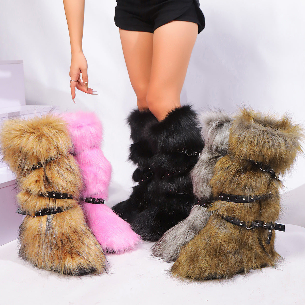Cross-belt Buckle Fur Boots