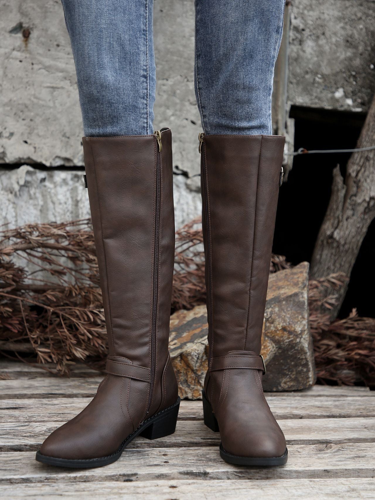 Buckle Chunky Low Heel Side Zipper Knee High Boot