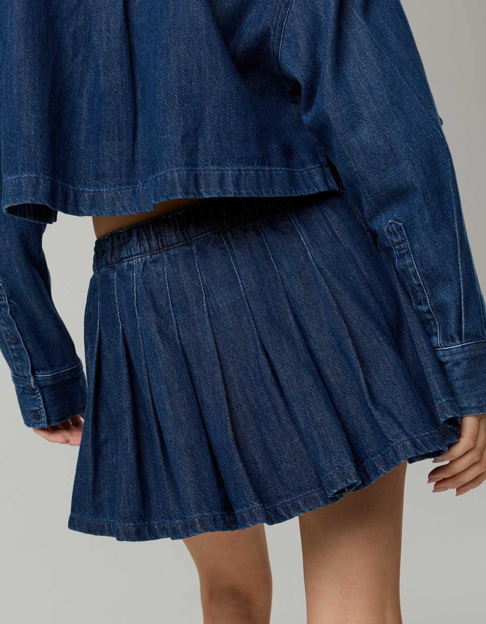 Cropped Button-down Denim Top And Pleated Skirt
