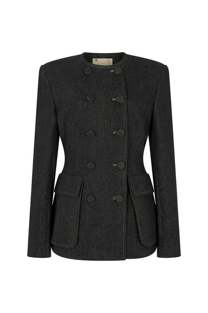 Double-breasted Tailored Blazer In Black Denim& Flared Pants