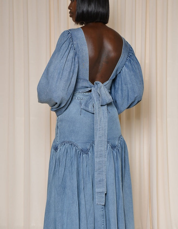 Puff-sleeved Open-back Denim Suit