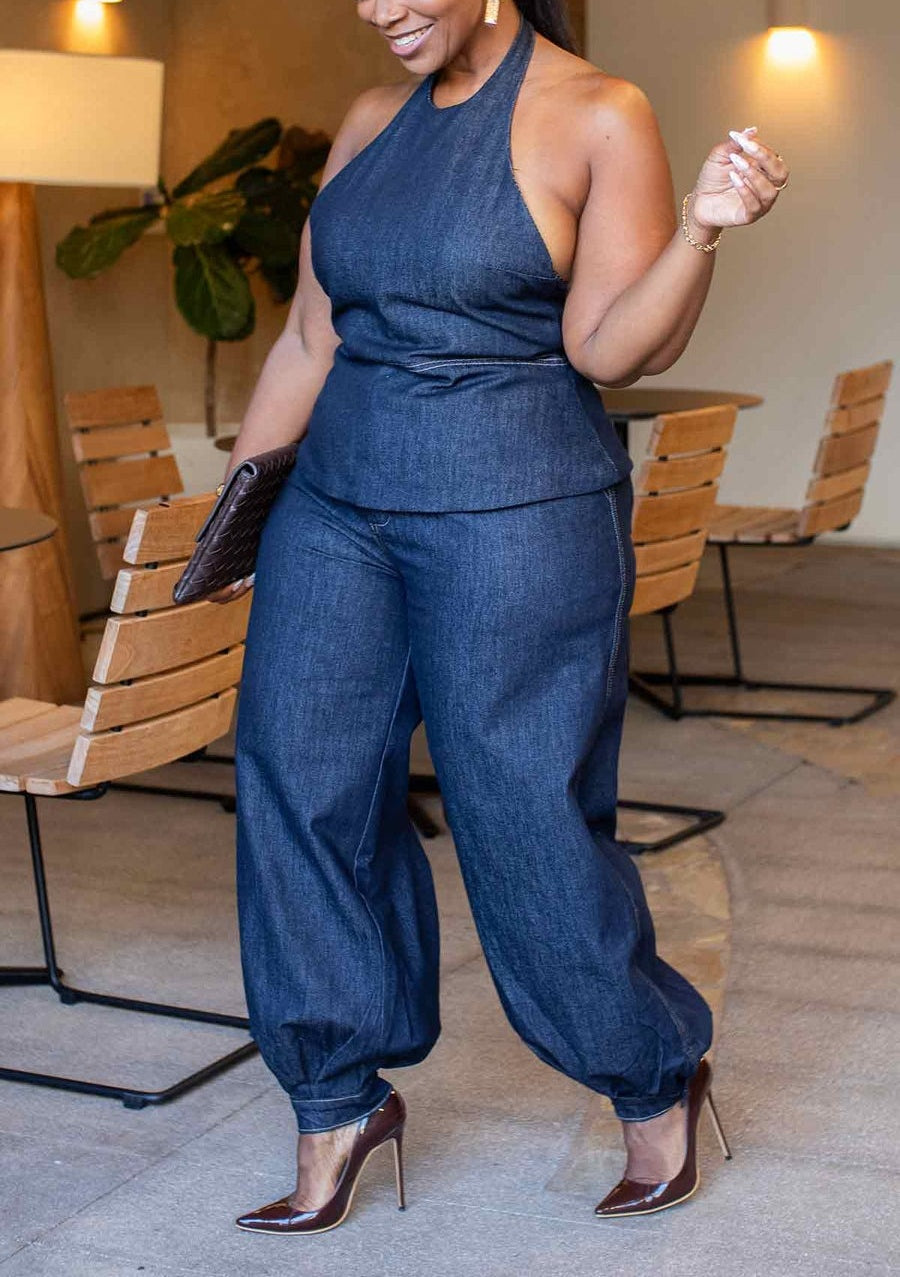 Denim Halter Pant Set