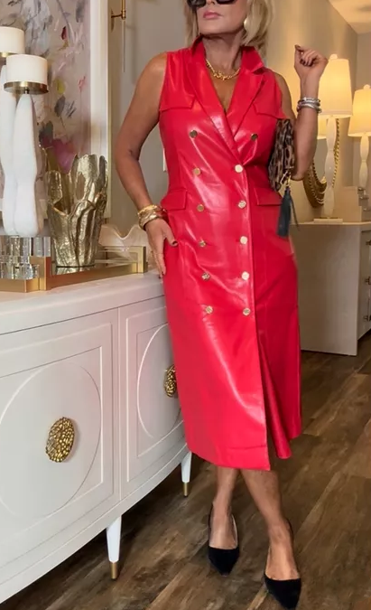 Elegant Double-Breasted Sleeveless PU Leather Dress