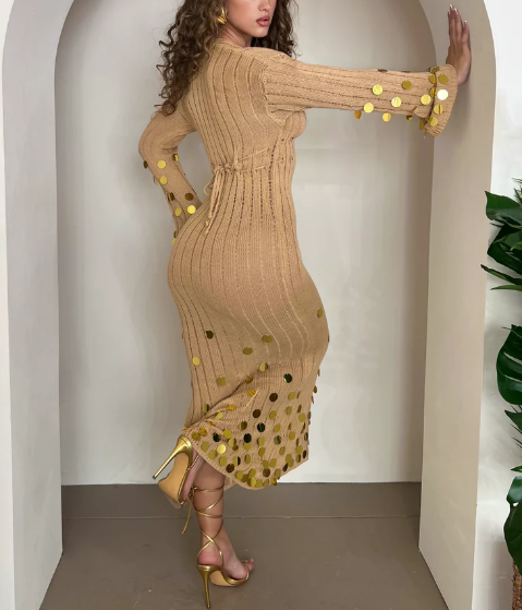 Camel Sequin Slim Dress