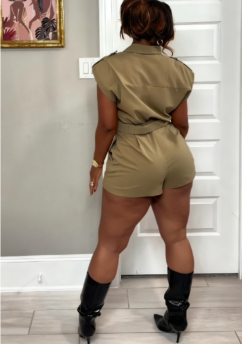 Shoulder Pad Playsuit With Belt