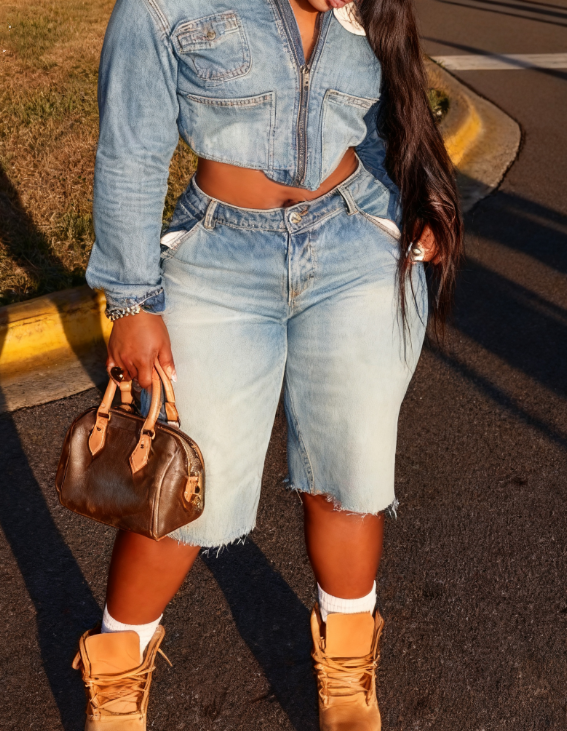 Cropped Zip-up Denim Jacket