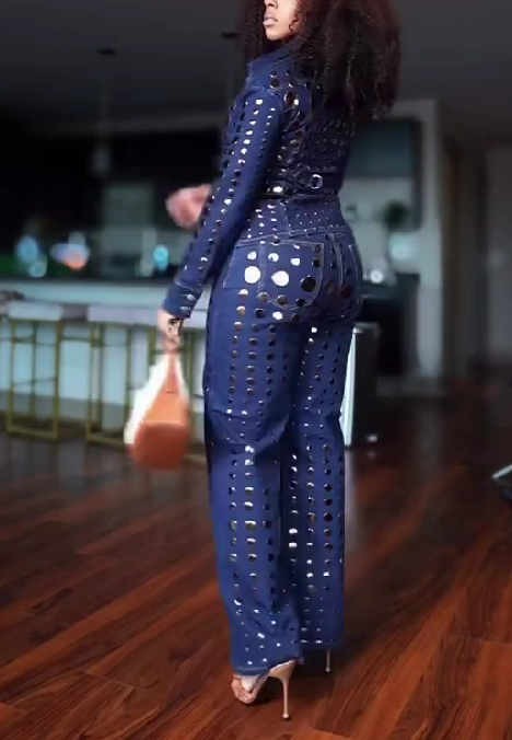 Round Metal Decoration Denim Suit
