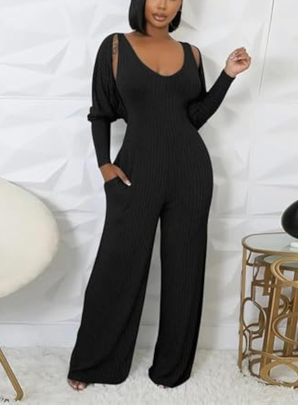 Long Sleeve Cape-style Vest Jumpsuit Set