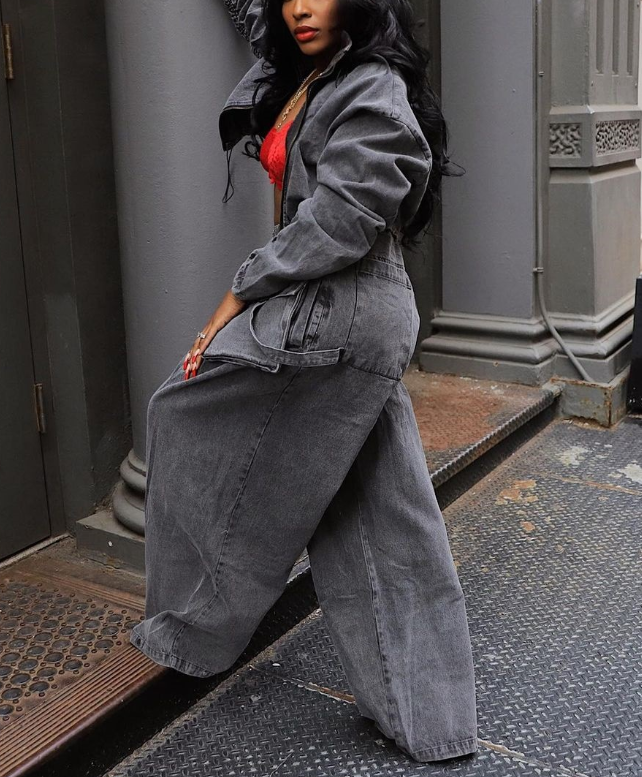 Denim Zip Long Sleeve Crop Jacket & Drawstring Loose Wide Leg Pant