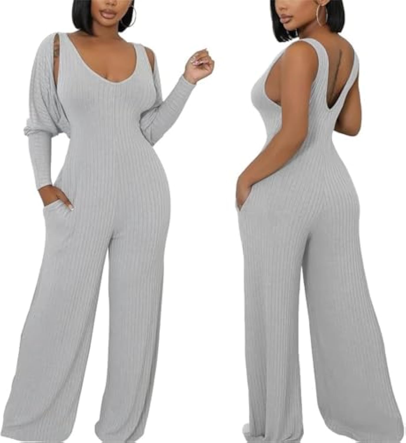 Long Sleeve Cape-style Vest Jumpsuit Set