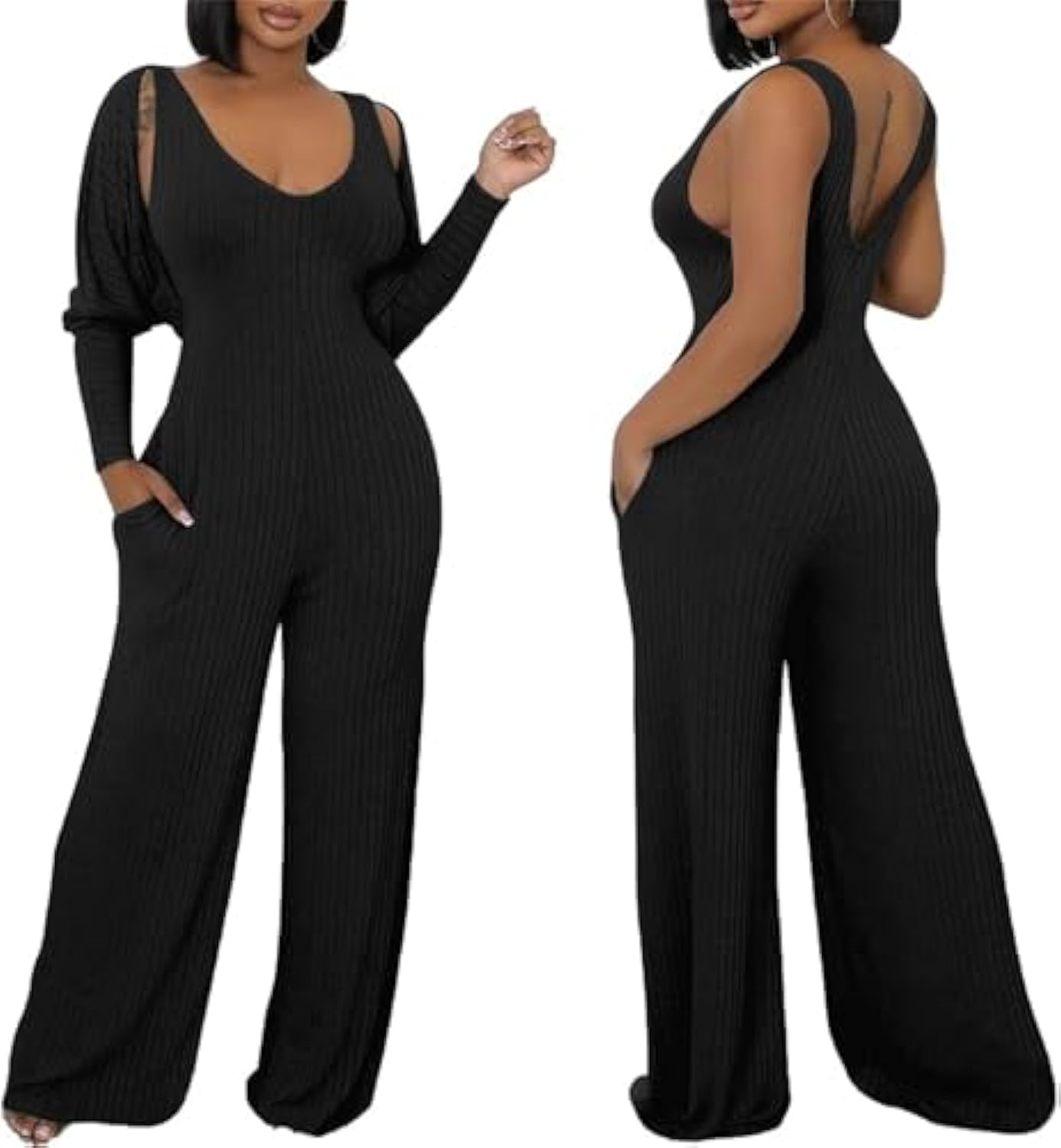Long Sleeve Cape-style Vest Jumpsuit Set