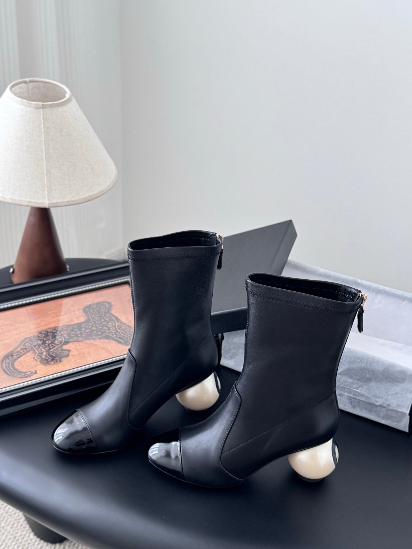 Two-tone Ankle Boots With Back Zipper And Pearl-embellished Heels
