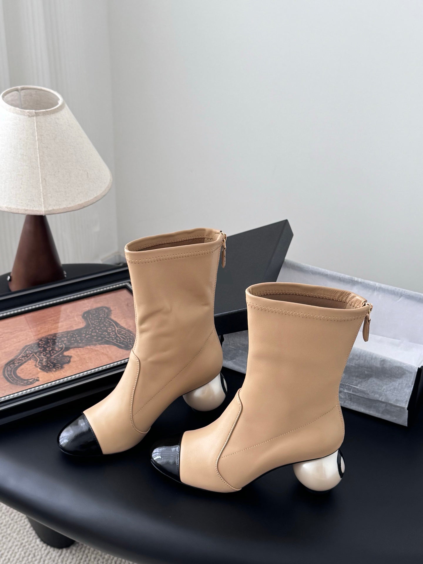 Two-tone Ankle Boots With Back Zipper And Pearl-embellished Heels