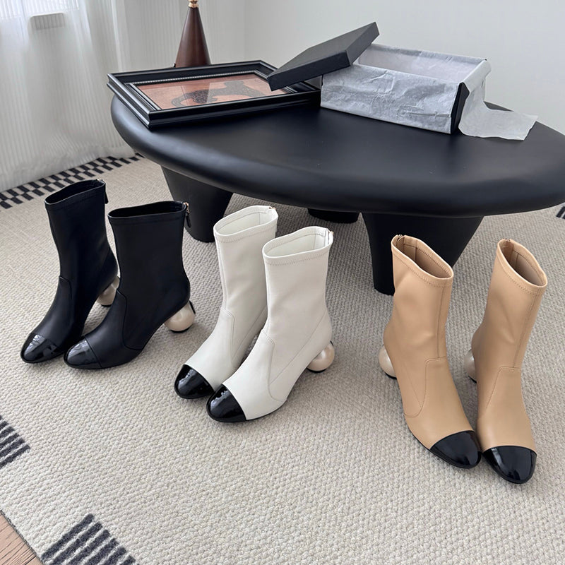 Two-tone Ankle Boots With Back Zipper And Pearl-embellished Heels