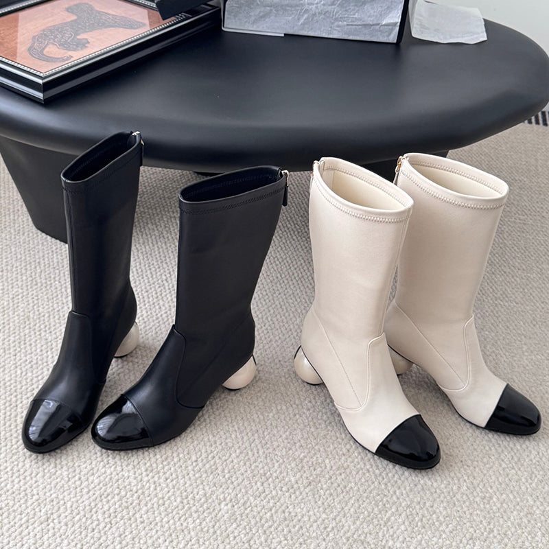 Two-tone Ankle Boots With Back Zipper And Pearl-embellished Heels