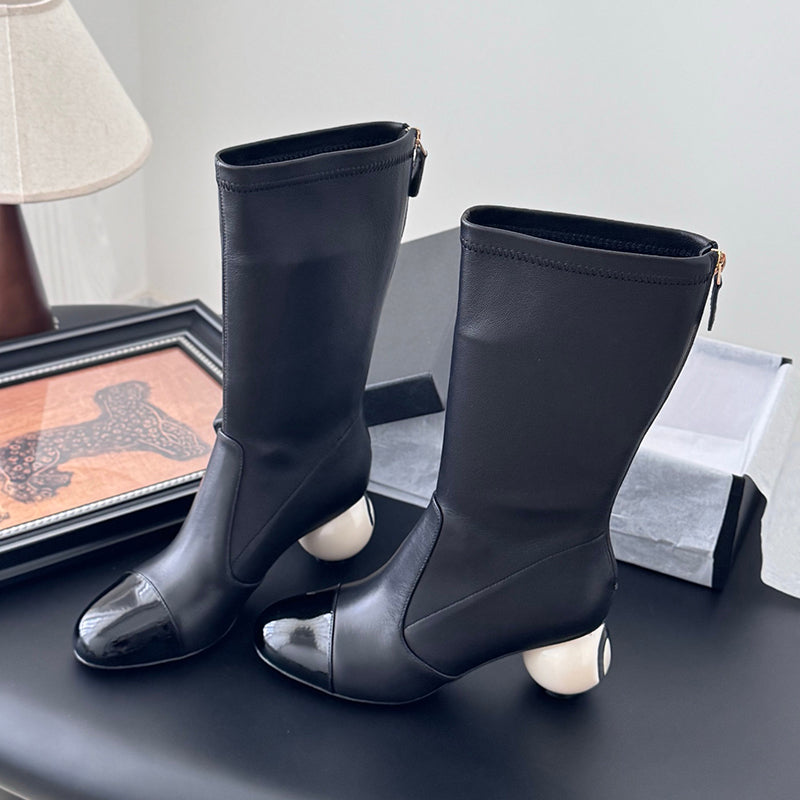 Two-tone Ankle Boots With Back Zipper And Pearl-embellished Heels
