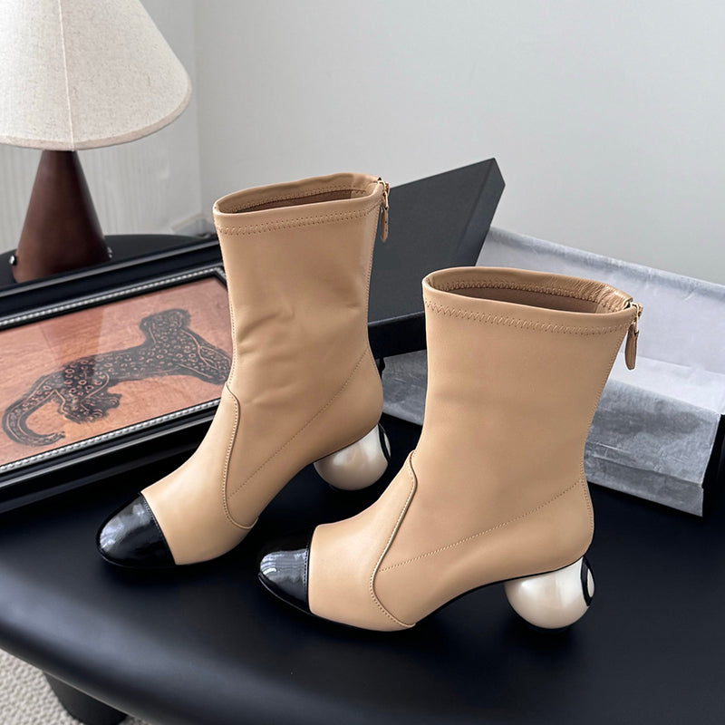 Two-tone Ankle Boots With Back Zipper And Pearl-embellished Heels