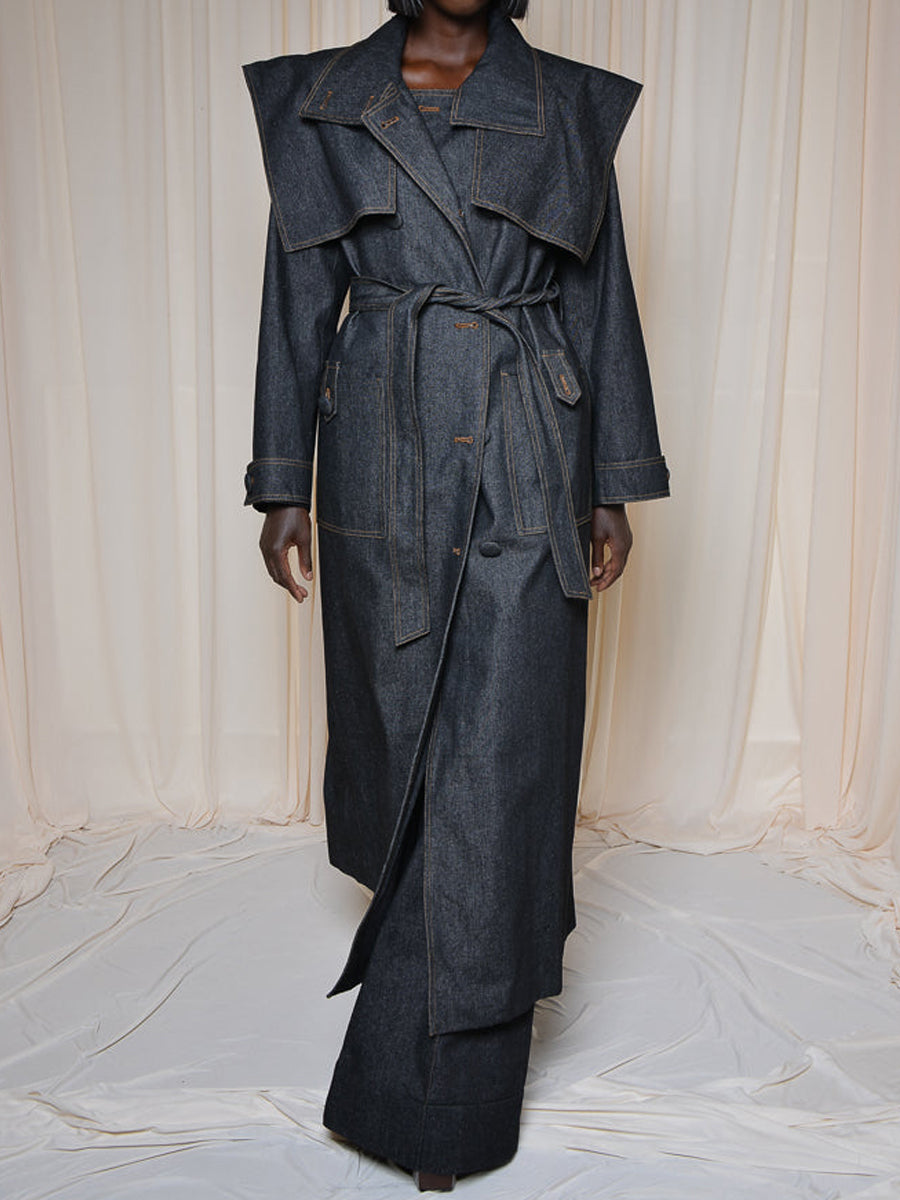 Fashion Lapel Tie Denim Trench Coat