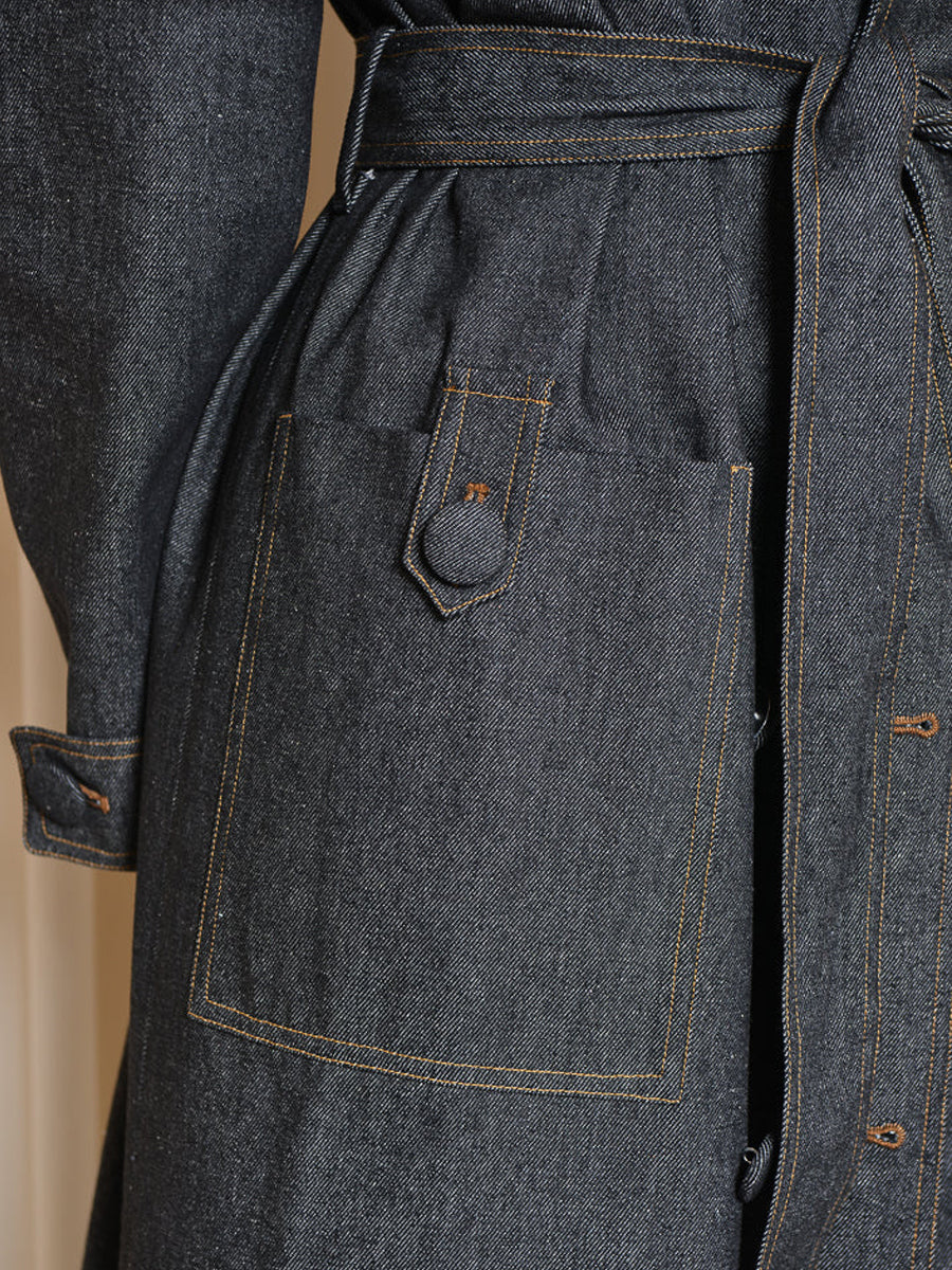 Fashion Lapel Tie Denim Trench Coat