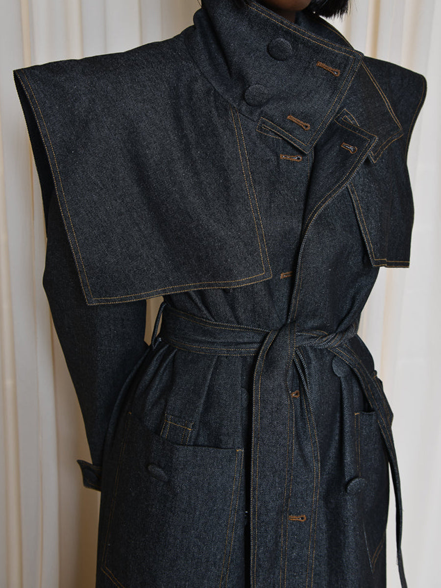 Fashion Lapel Tie Denim Trench Coat