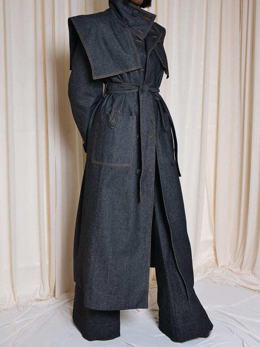 Fashion Lapel Tie Denim Trench Coat