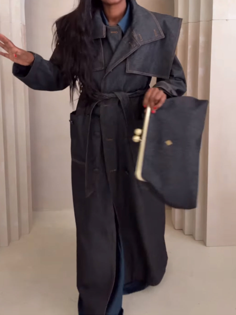 Fashion Lapel Tie Denim Trench Coat