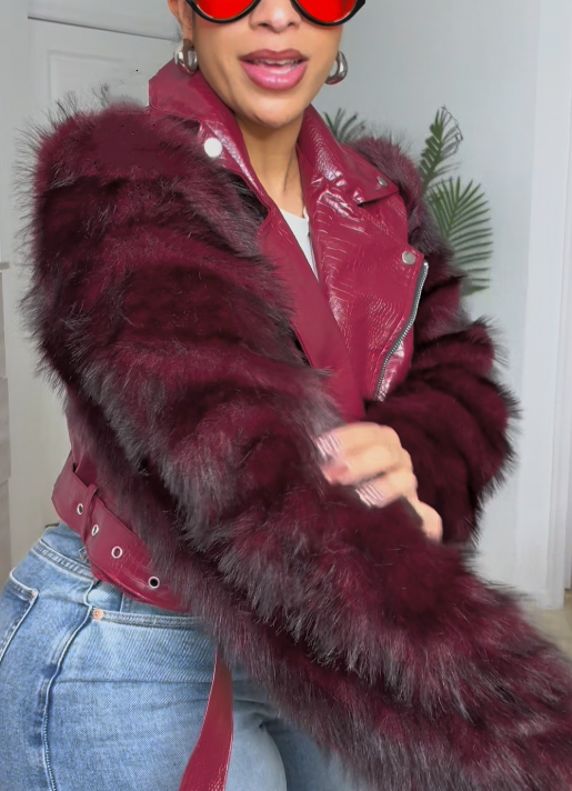 Burgundy Fox Fur Paneled Leather Jacket