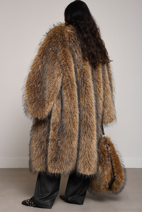 Notched-lapel Faux Fur Long Coat