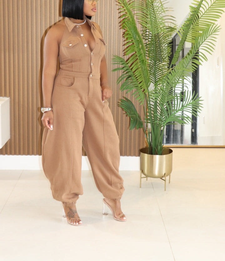 Halter Neck Button-Down Wide Leg Jumpsuit