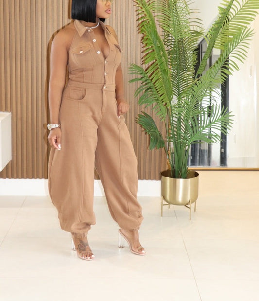 Halter Neck Button-Down Wide Leg Jumpsuit