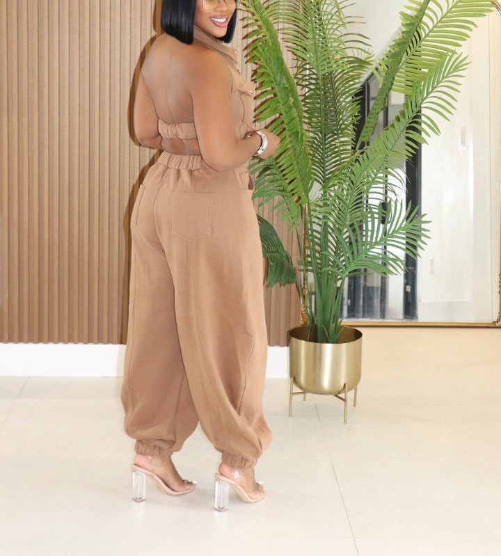 Halter Neck Button-Down Wide Leg Jumpsuit