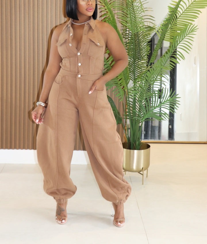 Halter Neck Button-Down Wide Leg Jumpsuit