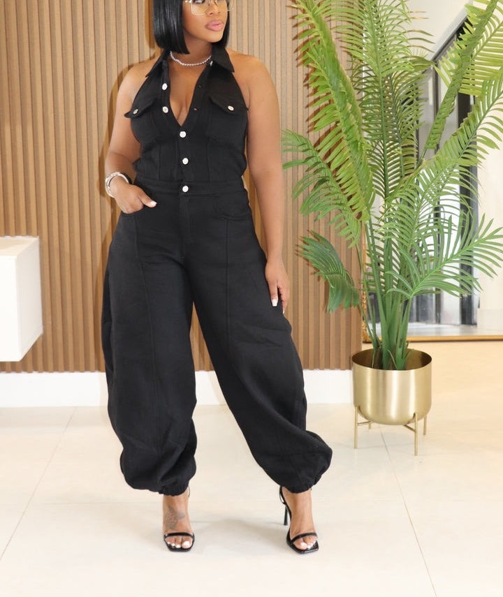 Halter Neck Button-Down Wide Leg Jumpsuit