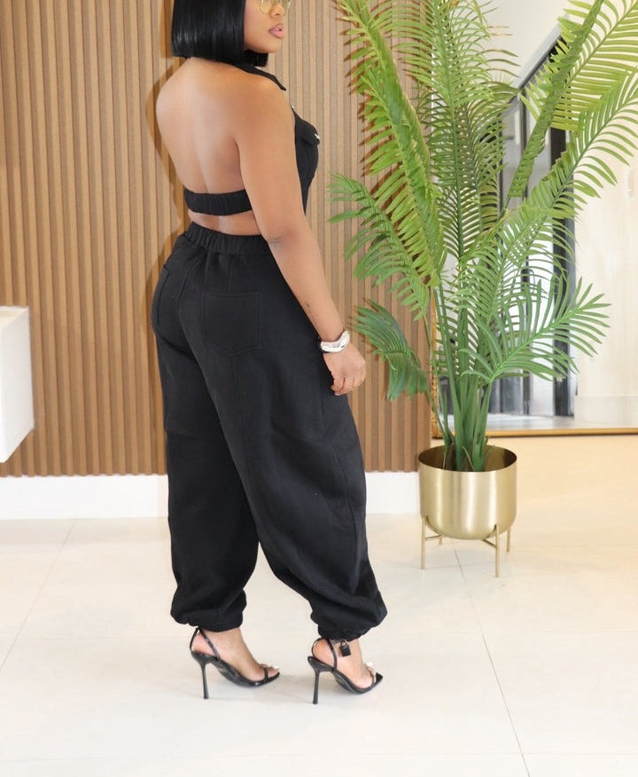 Halter Neck Button-Down Wide Leg Jumpsuit